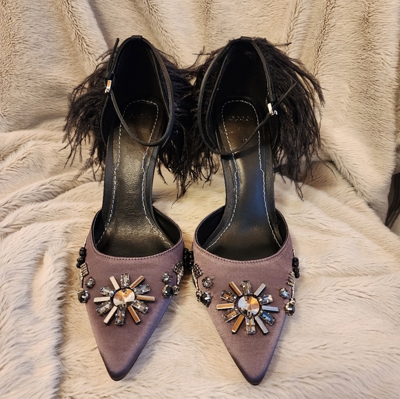 Zara Satin Feather & Crystal Shoes sz 39/9 NEW - Picture 7 of 7